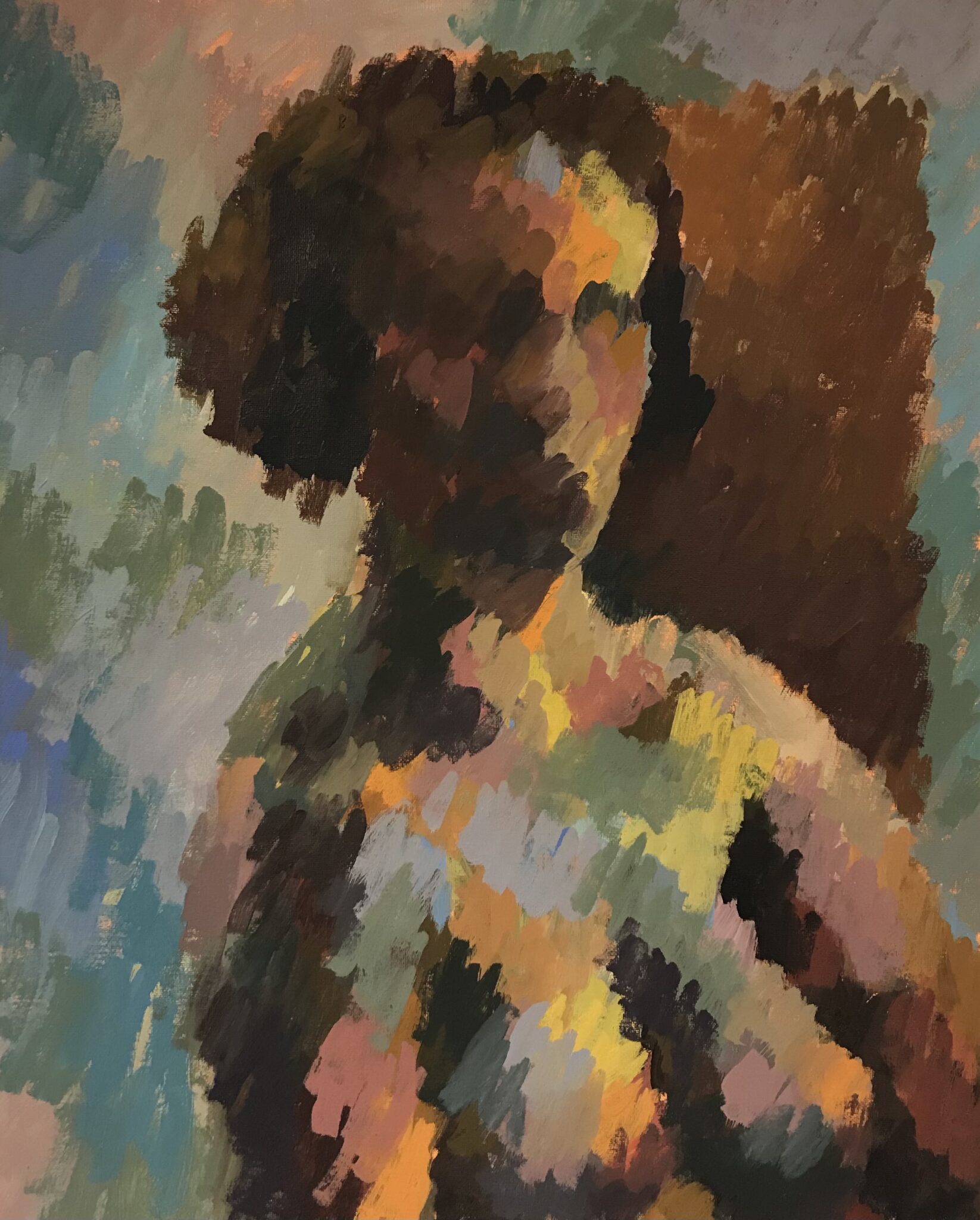 three quarter view portrait of woman using composed with abstract brush strokes, nude bust length composition, painted on a pre-prepared canvas board in oil paint