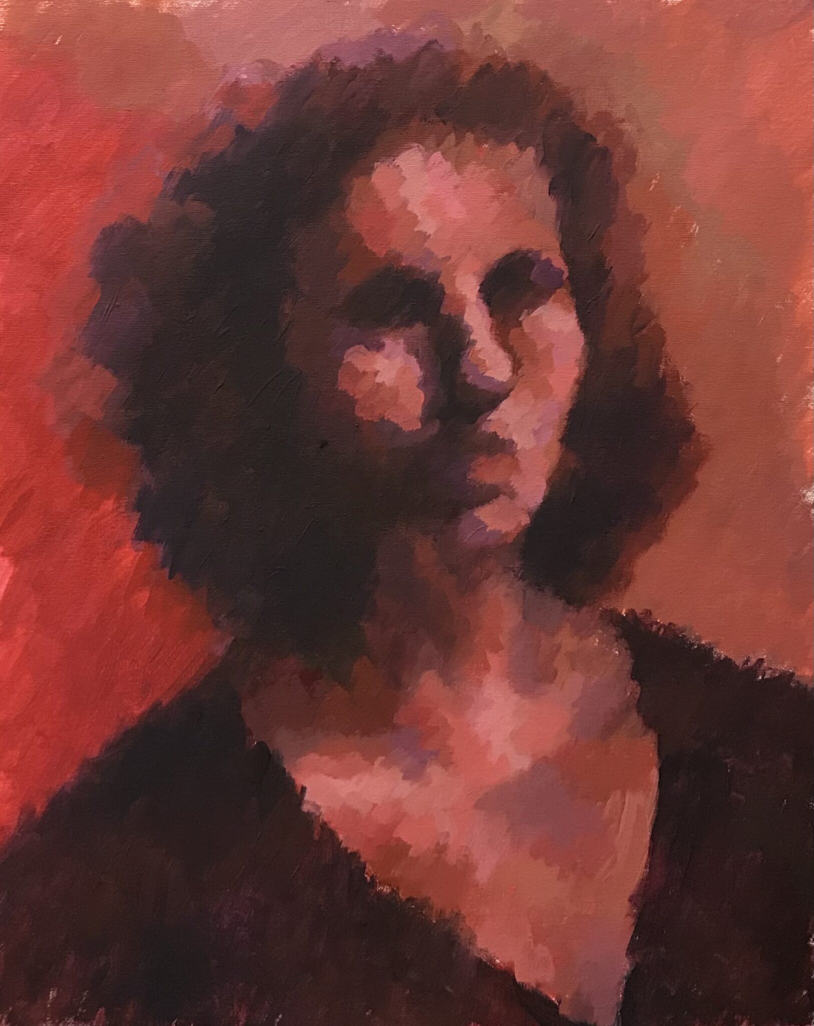 three quarter view portrait of woman using primarily red tones, wearing a v-neck shirt, painted on a pre-prepared canvas board in oil paint