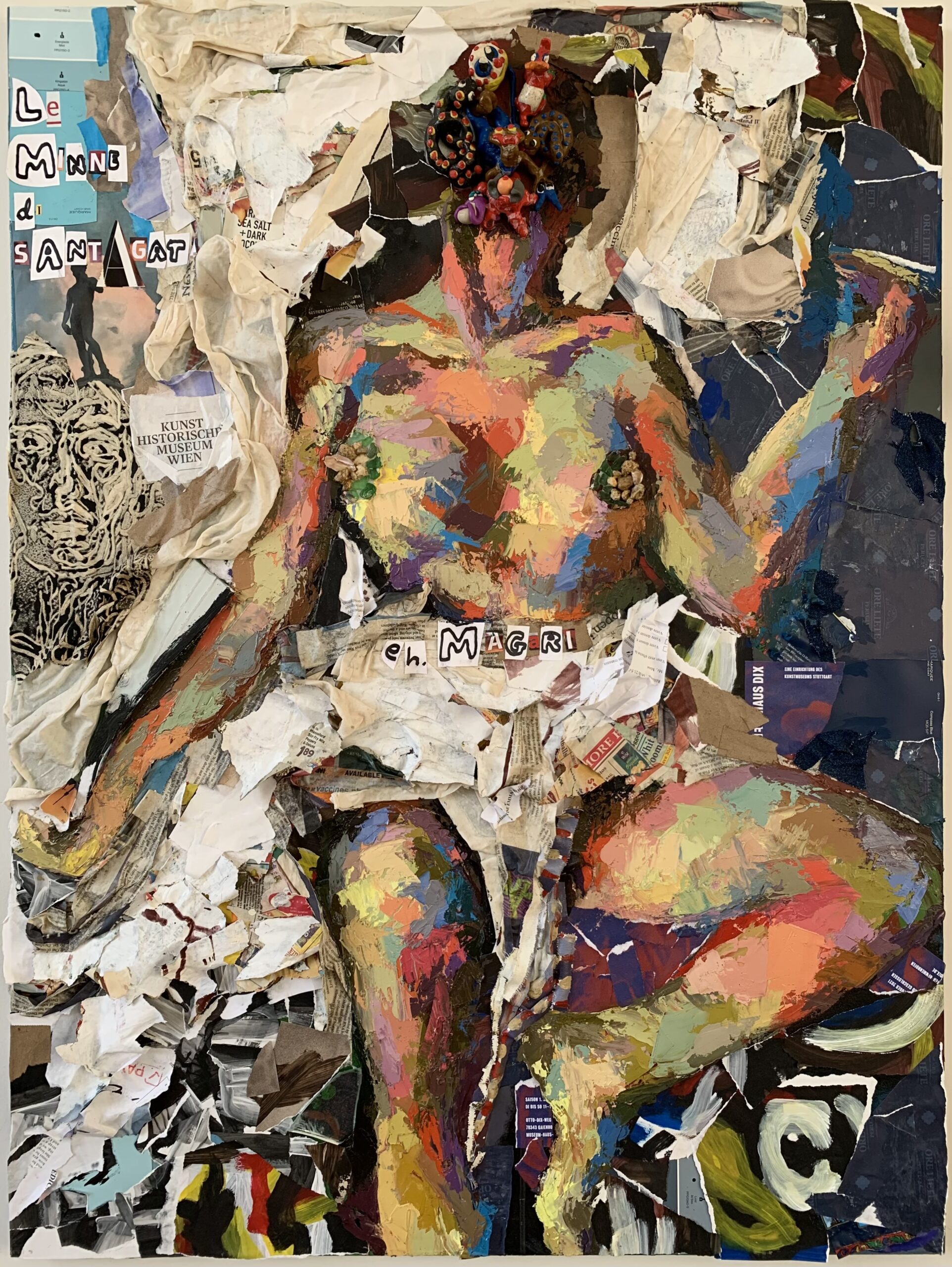 Mixed media painting of a woman laying half naked on a surface